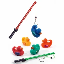 Djeco Badeænder, 5 stk basis 8 cm + 2 fiskestænger| Badelegetøj|Strand- & Sandlegetøj
